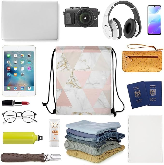 Gym Drawstring Bag Sports Sackpack Waterproof String Backpack with Shoe Compartment for Hiking Swimming Training, Rose Gold Grey Marble Bags
