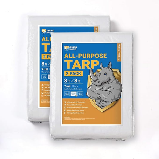 GUARD SHIELD White Tarp 8x8 Feet Medium Duty All Purpose Poly Tarps Cover 7mil (2-Pack)
