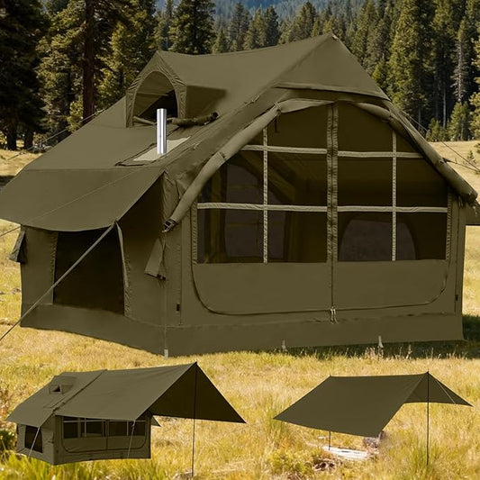 Inflatable Tents with Hand Pump Hot Tent with Stove Jack Easy Blow Up Glamping Tent with Mesh Windows, 4-6 Person Instant Family Camping Tents Waterproof for 4 Seasons