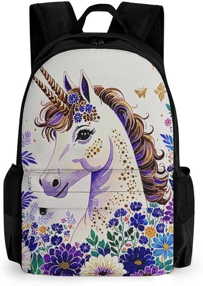 Supdreamc Men Women Polyester Unicorn Purple Flower Daypack Big Capacity Shoulder Bag With Adjustable Shoulder Straps for Camping Travel Walking Cycling