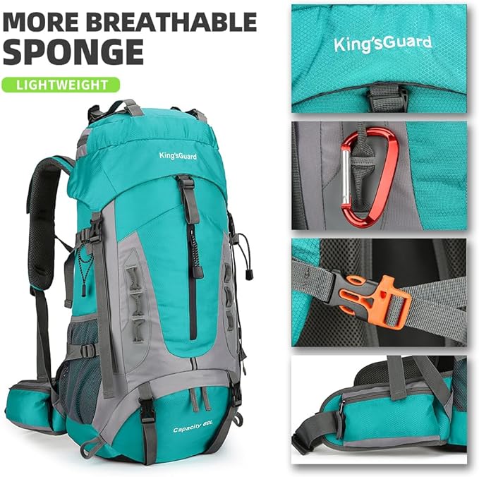 King'sGuard 60L Hiking Backpack for Men and Women Lightweight Camping Hiking Backpack with Rain Cover Large Waterproof Travel Backpack Backpacking Pack (Lake Blue)