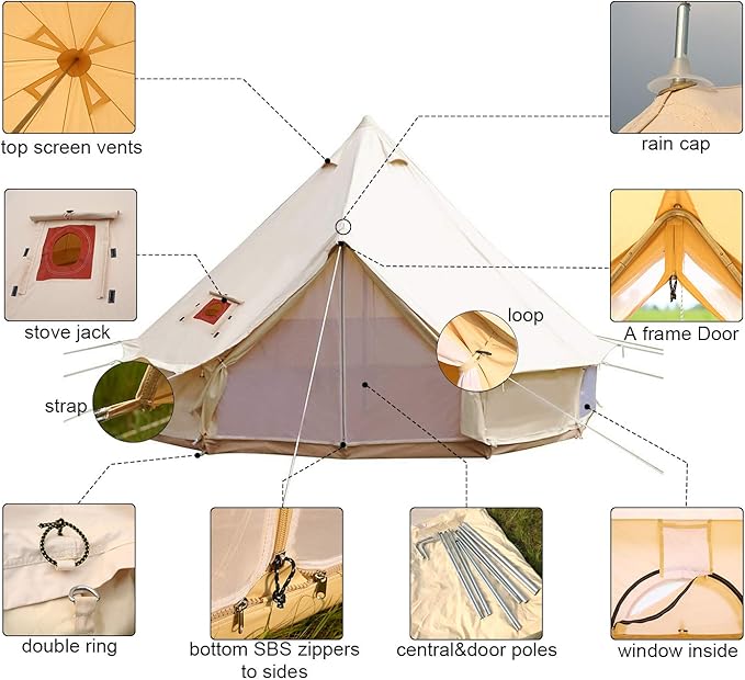 PlayDo Waterproof 4 Season Cotton Canvas Hot Tent Bell Wall Tent Yurt Tent with Stove Jack Hole for Outdoor Family Camping