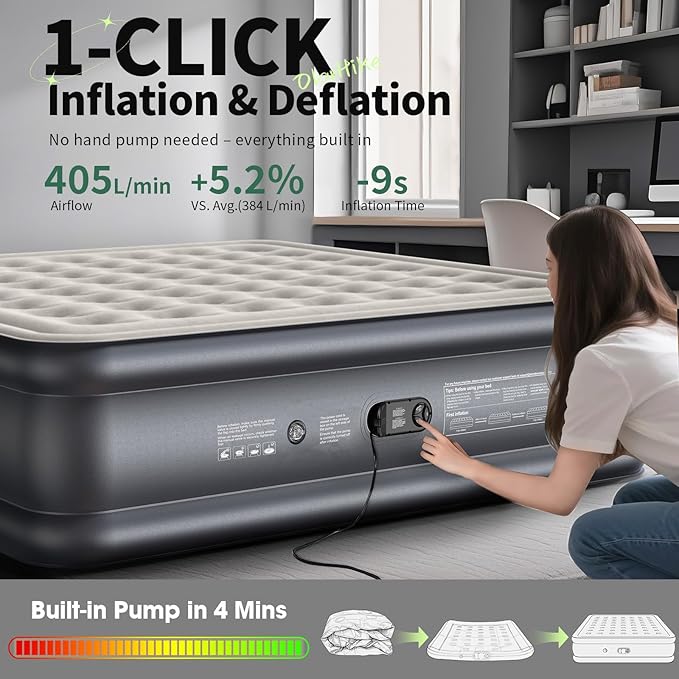 OlarHike King Size Air Mattress with Built-in Pump, 18" Extra-Wide Raised Inflatable Air Bed for Home and Guests, Heavy-Duty Support for 2-4 Sleepers Up to 750 lbs