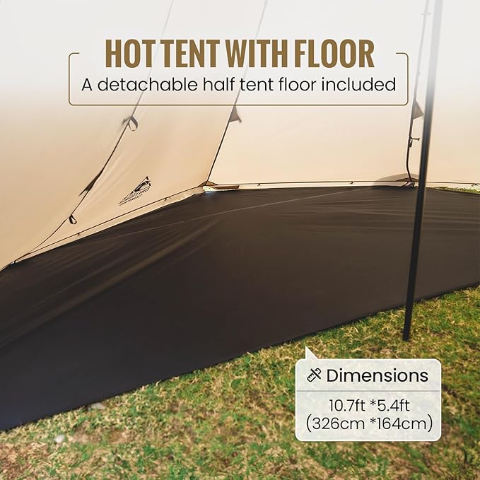 OneTigris Smokey HUT Hot Tent with Stove Jack, Ultralight 4 Season Tipi Tent with Snow Skirt & Detachable Floor for Camping, Hiking, Bushcraft, Backpacking