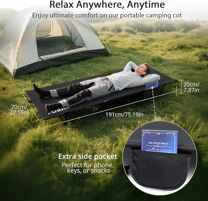Anbte Ultralight Folding Camping Cot, Comfortable Portable Camping Cot Supports 275 lbs with Storage Bag & Side Pocket, Lightweight Folding Bed for Outdoor Travel Tent Indoor Emergency Bed, Black