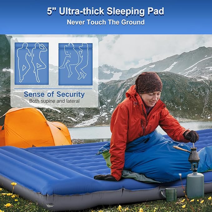 Camping Sleeping Pad, Extra Thick 5 Inch Camping Mat with Pillow Built-in Foot Pump Inflatable Sleeping Pads Compact for Camping Backpacking Hiking Traveling Tent