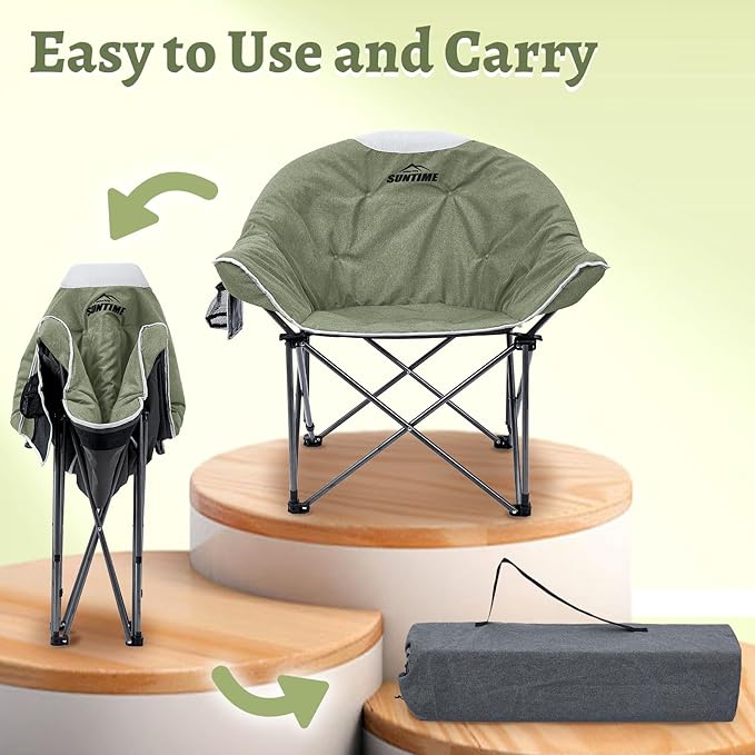 OUTDOOR LIVING SUNTIME Sofa Chair, Oversize Padded Moon Leisure Portable Stable Comfortable Folding Chair for Camping, Hiking, Carry Bag