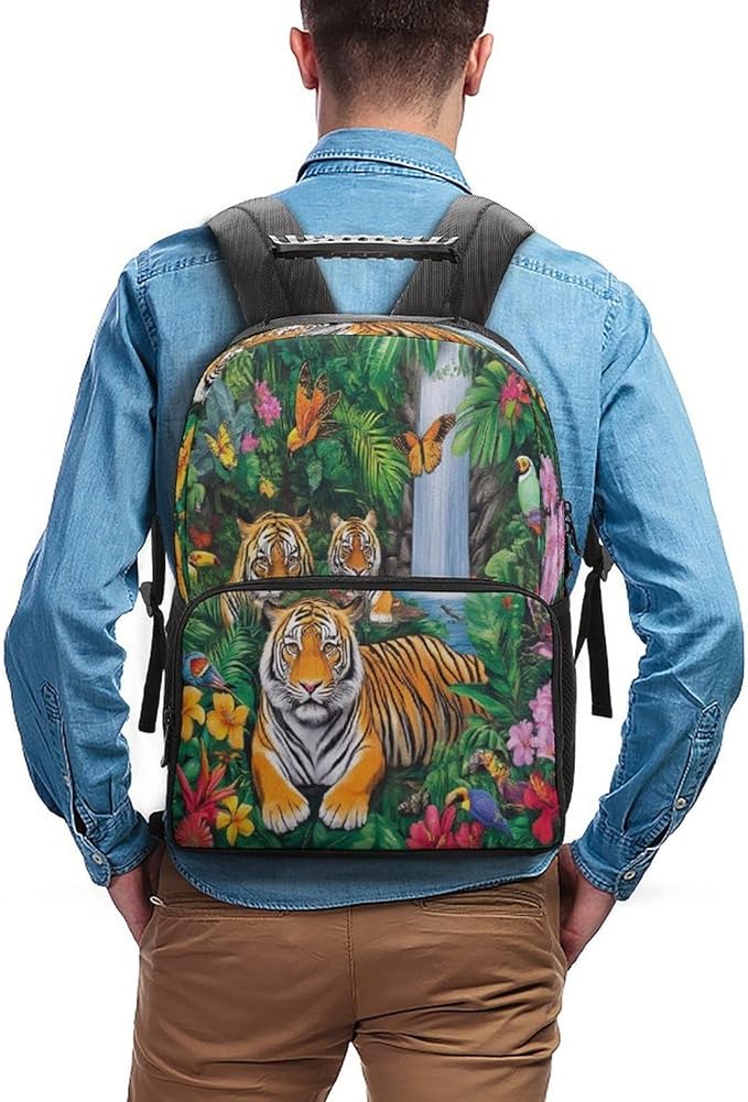 Women Men Polyester Tropical Jungle Parrot Birds Tiger Art Casual Daypack Large Capacity Bookbag With Side Pockets for Sports Picnic Walking Cycling