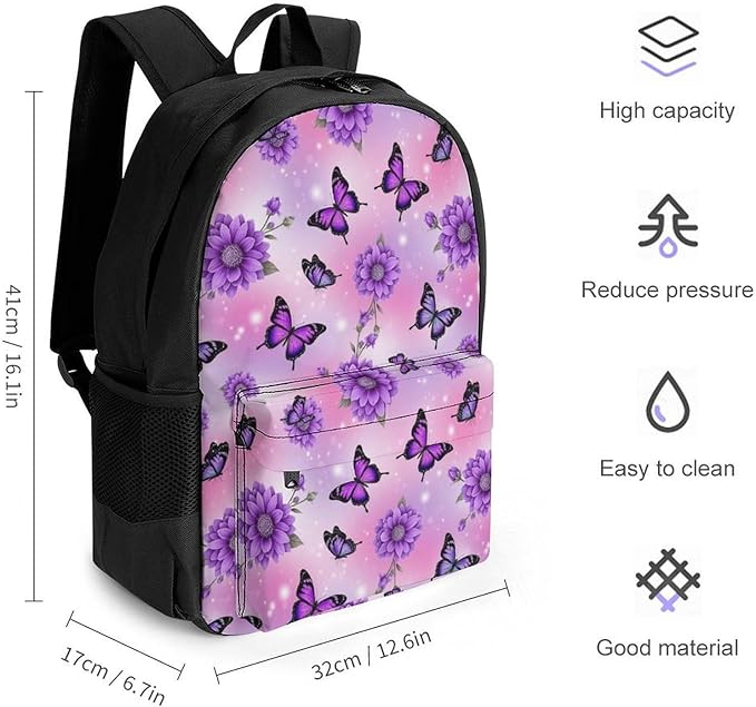 Rucksacks Lightweight Multipurpose Anti-Theft Butterfly Purple Flowers Shoulder Bag Big Capacity Traveling Camping Backpack With Side Pockets