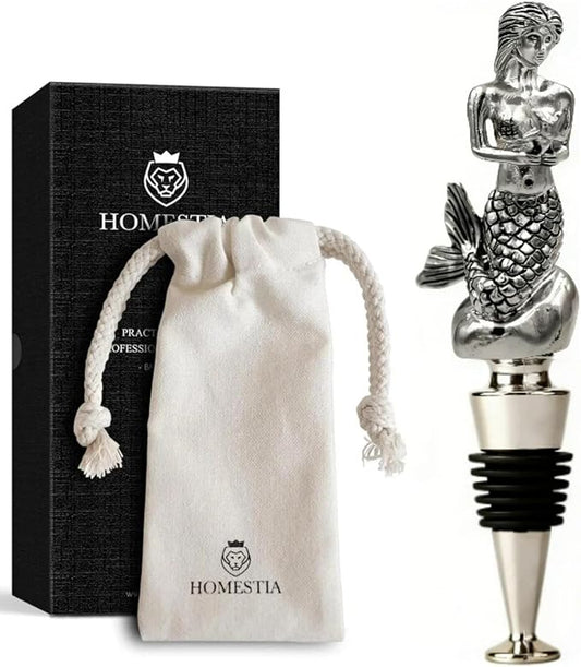 Homestia Mermaid Wine Stopper, Reusable Zinc Alloy Bottle Topper with Silicone Seal Leak-Proof, Handcrafted Decorative Wine Saver Gift for Wine Lovers