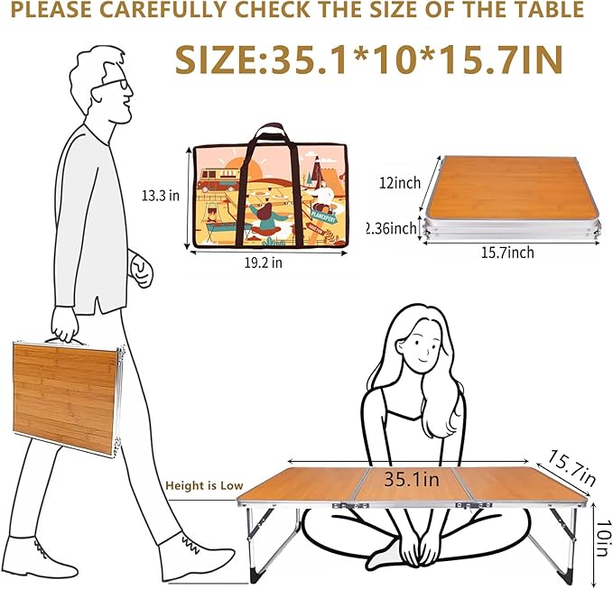 Folding Camping Table,3 Feet Portable Outdoor Table with Aluminum Legs,3 Fold Lightweight Beach Table with Handle,Camping Accessories for Home Picnic BBQ Garden Cooking