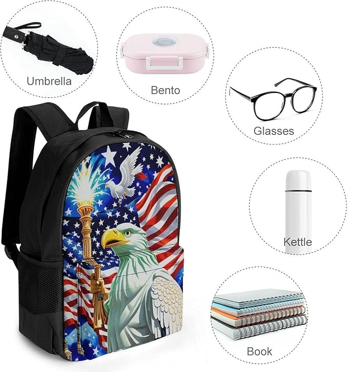 Rucksacks Polyester Anti-Theft Multipurpose Statue Of Liberty American Flag Eagle Patriotic Carry On Bag Large Capacity Gym Outdoor Hiking Backpack With Smooth Zippers