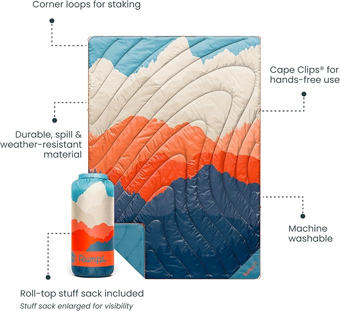Rumpl Original Puffy Blanket - Warm, Water-Resistant Camping Blanket with 100% Recycled Synthetic Insulation, 52"x75", Original Puffy V2, Teton Glow
