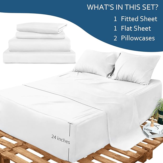 King Size Sheets Set Deep Pocket - 4 Piece Extra Soft King Bed Sheets - Side Storage Pocket Fitted Sheet & Pillowcase & Flat Sheet - Easily Fits 16in to 24in Pillow Top Air Bed Mattress - White