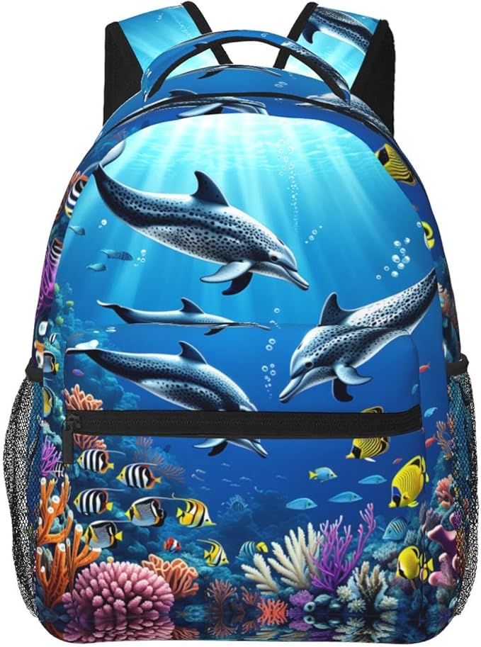 Casual Daypack Multipurpose Anti-Theft Large Capacity Carry On Bag, Colorful Sea Ocean World Dolphin Tropical Fishes Coral Art Casual Daypack Climbing Shoulder Bag With Padded Straps