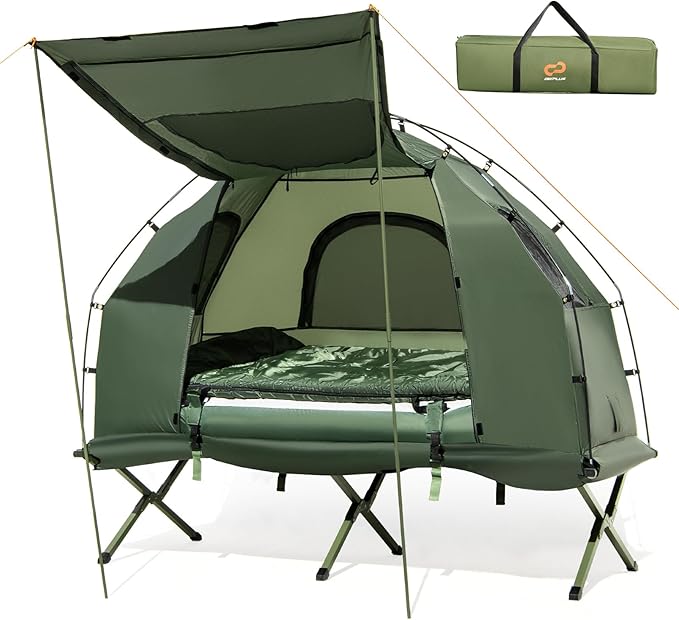 Goplus Camping Tent Cot, 5-in-1 Folding Camping Bed with Air Mattress, Pillow, Sleeping Bag, Waterproof Elevated Tent Shelter, Portable Outdoor Sleeping Cot with Carry Bag for Picnic, Trip