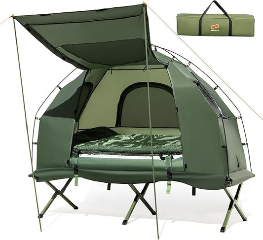 Goplus Camping Tent Cot, 5-in-1 Folding Camping Bed with Air Mattress, Pillow, Sleeping Bag, Waterproof Elevated Tent Shelter, Portable Outdoor Sleeping Cot with Carry Bag for Picnic, Trip