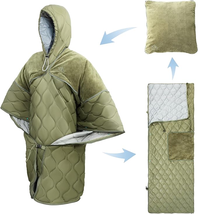 Night Cat Sleeping Bag for Camping - 4 in 1 Poncho for Adults Ultralight Wearable Quilt 3 Seasons Suitable for 1 Person