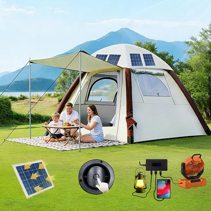 Automatic Pop Up Tents for Camping with Solar Panel, 4000mm Waterproof & UV Protection Blackout Tents for Camping, Easy Setup Instant Tent for Camping Outdoor Backpacking & Hiking
