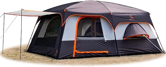 KTT Extra Large Tent 12 Person,Family Cabin Tents,Full Rainfly,2 Bay-Windows,2 Rooms and 3 Doors 3 Windows with Mesh,Waterproof,Straight Wall,Double Layer,Big Tent for Outdoor,Picnic,Camping