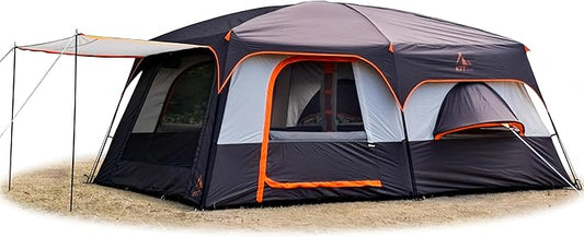 KTT Extra Large Tent 12 Person,Family Cabin Tents,Full Rainfly,2 Bay-Windows,2 Rooms and 3 Doors 3 Windows with Mesh,Waterproof,Straight Wall,Double Layer,Big Tent for Outdoor,Picnic,Camping