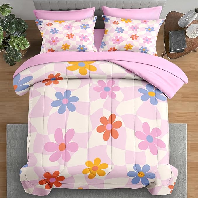 Comforter Set Twin Size, Retro Daisy Pink 5 Pcs Bedding for Kids and Adults, Hippie Aesthetic Kids Bed Sheet Sets with Fitted Sheet Pillowcase & Sham for Bedroom Bed Decor