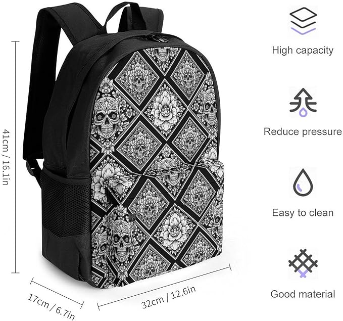Men Women Polyester Flowers Dead Skull Head Black Casual Daypack Large Capacity Carry On Bag With Adjustable Shoulder Straps for Camping Work Running