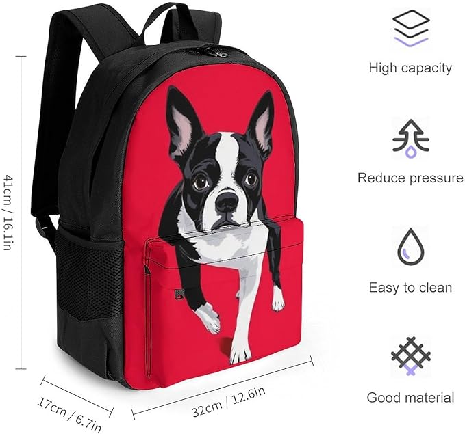 Supdreamc Casual Daypack Multipurpose Anti-Theft Large Capacity Carry On Bag, Black And White Boston Terrier Dog Red Casual Daypack Climbing Shoulder Bag With Padded Straps