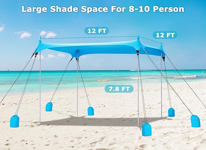 Gorich Beach Tent Sun Shelter with 8 Sandbags, UPF50+ Protection & Windproof Pop Up Beach Canopy Tent Sun Shade for Family, Travel & Camping, Easy Setup Canopy Umbrella