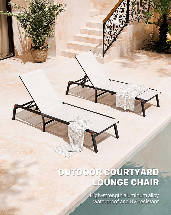 Aluminum Chaise Foldable Patio Lounge Chair Outdoor, Metal Deck Lounger Adjustable 5-Position Recliner Pool Chase Breathable Full Flat Outside Sun Tanning Chairs for Beach/Poolside/Lawn(White, 1Pack)