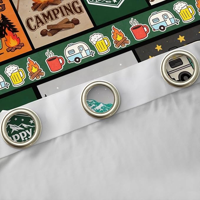 jejeloiu Happy Camping Curtains for Bedroom Living Room RV Camping Blackout Darkening Drapes Campfire Window Treatments, 2 Panels 52 x 63 Inch Patchwork Room Decor