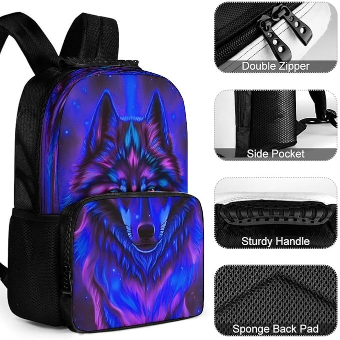 Polyester Daypack for Hiking Work Running, Big Capacity Anti-Theft Multipurpose Shoulder Bag, Trippy Tribal Wolf Space Galaxy Art Travel and Sport Backpack Rucksack