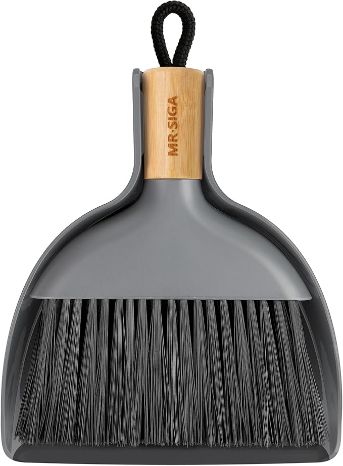 MR.SIGA Mini Dustpan and Brush Set, Portable Cleaning Brush and Dustpan Combo with Bamboo Handle, Gray, 1 Set