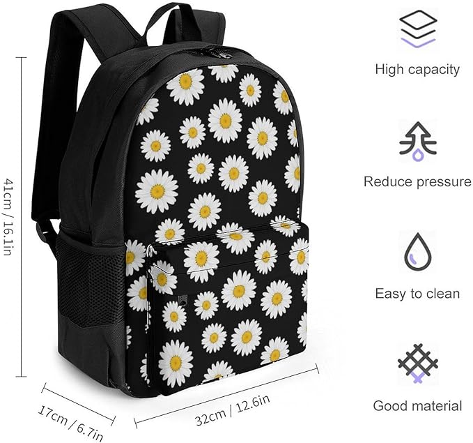 Adults Lightweight Floral Chamomile Or Daisy Flowers Black Rucksacks Large Capacity Bookbag With Adjustable Shoulder Straps for Trekking Outdoors Bicycle