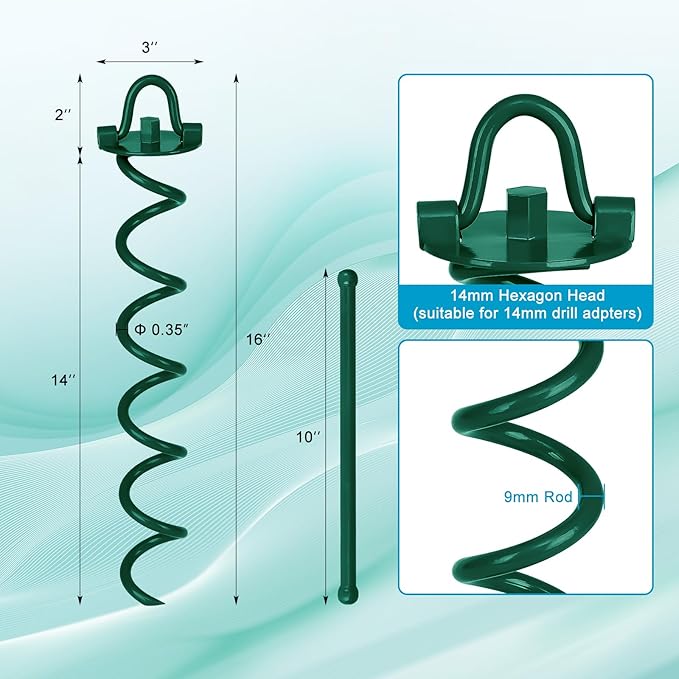 FEED GARDEN 16 Inch Spiral Ground Anchors Heavy Duty Screw in Spiral Stakes, 4 Pack Folding Ring Ground Stakes for Securing Dogs,Tents, Trampolines, Canopies, Swing Sets,Green