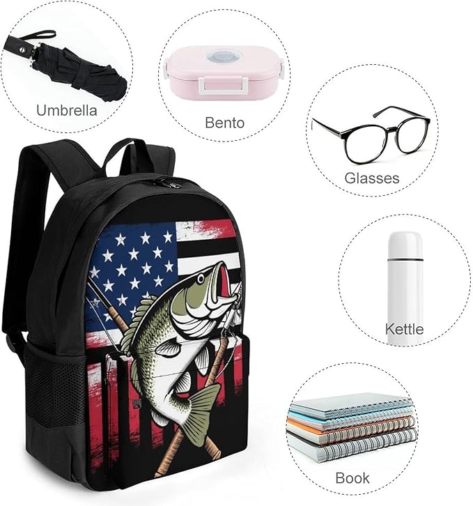 Men Women Polyester Vintage Bass Fishing Lure American Flag Daypack Big Capacity Shoulder Bag With Smooth Zippers for Hiking Work Walking Cycling