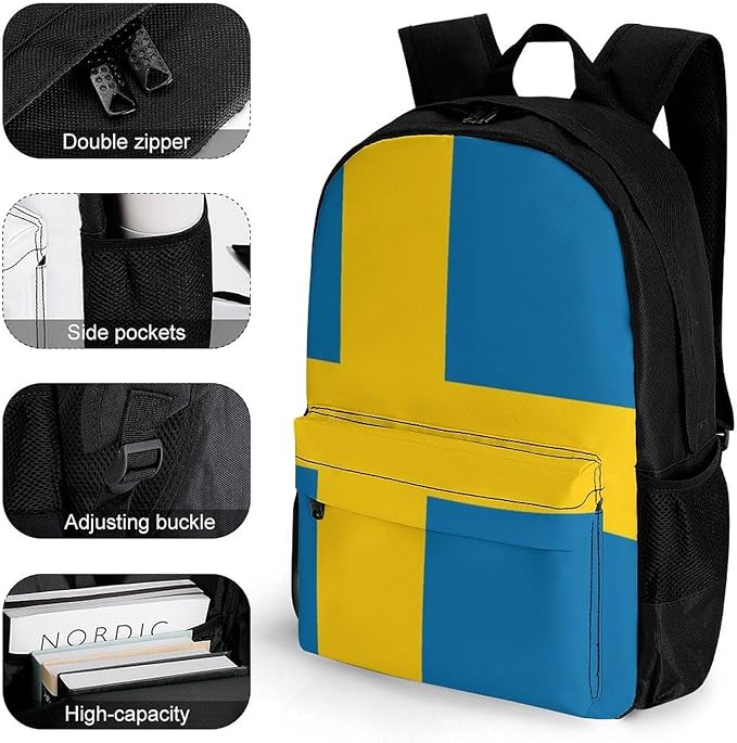 Daypack Bookbag Multipurpose Anti-Theft Big Capacity Carry On Bag, Sweden Flag Travel Hiking Camping Rucksack With Padded Straps