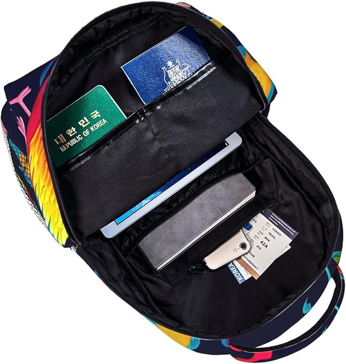 Polyester Daypack Backpack for Climbing Outdoors Running, Big Capacity Multipurpose Anti-Theft Bookbag, Exotic Birds Parrot Flamingo Art Travel Hiking Camping Rucksack