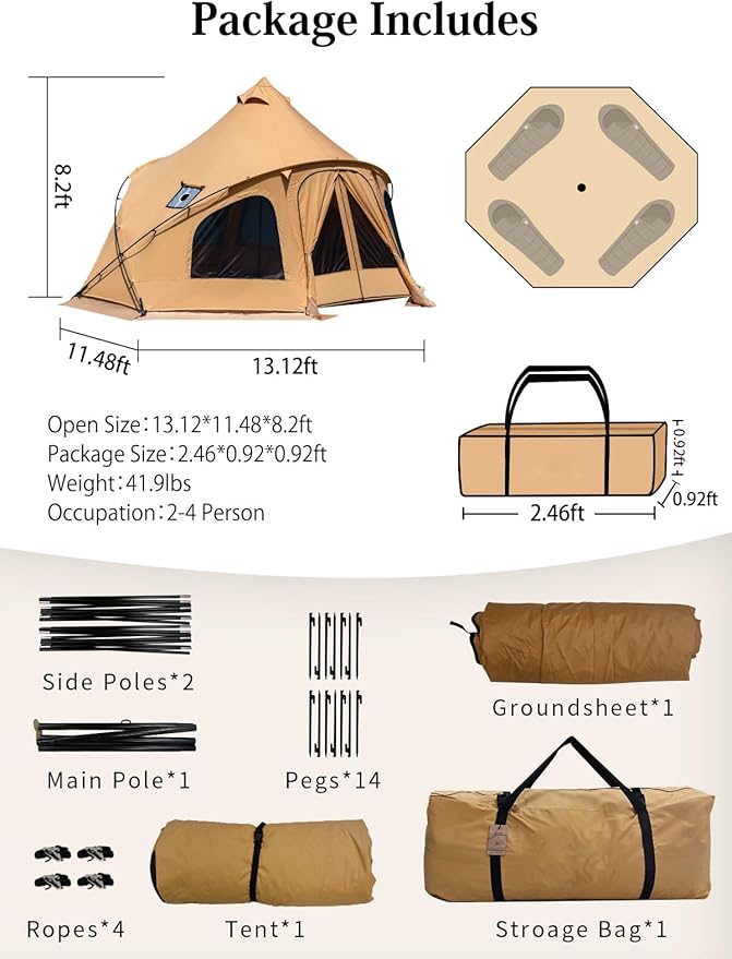 Canvas Bell Tent with Stove Jack 4 Person Tent Large Luxury 4 Season Yurt for Family Camping Glamping Party