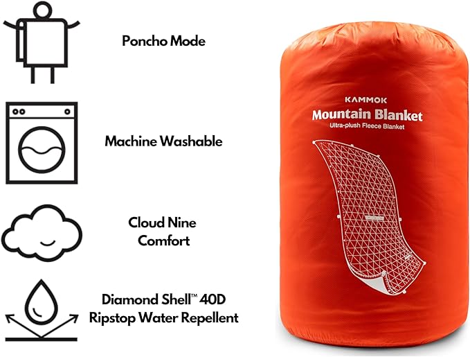 KAMMOK Mountain Blanket - Ultra-Plush Fleece, Water Resistant, Portable, Durable, Indoor/Outdoor Camp Blanket (84 in × 50 in) - Ember Orange