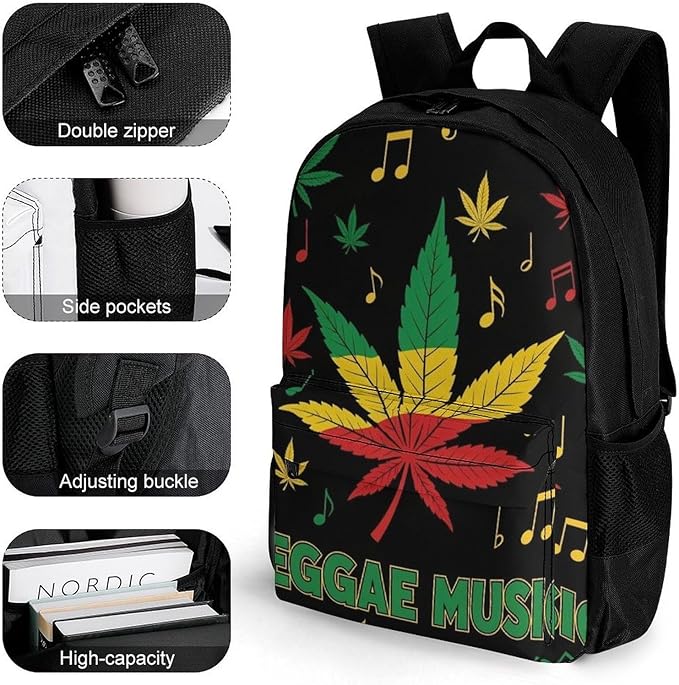 Men Women Lightweight Rasta Flag Weedleaf Leaf Reggae Music Casual Daypack Big Capacity Bookbag With Padded Straps for Gym Travel Walking Cycling