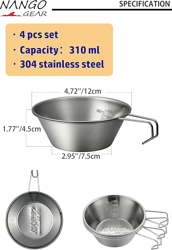 NANGOGEARNANGOGEAR Camping Sierra Cup 310ml 4pcs Set Food Grade Stainless Steel Dishwasher Safe (21112)