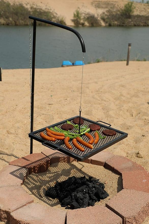 Portable Campfire Grill Grate - Adjustable Swing Arm Cooking Grill for Fire Pit, Camping & Outdoor Cooking - Heavy Duty Steel Grate for Open Fire BBQ Grilling & Campfire Accessories