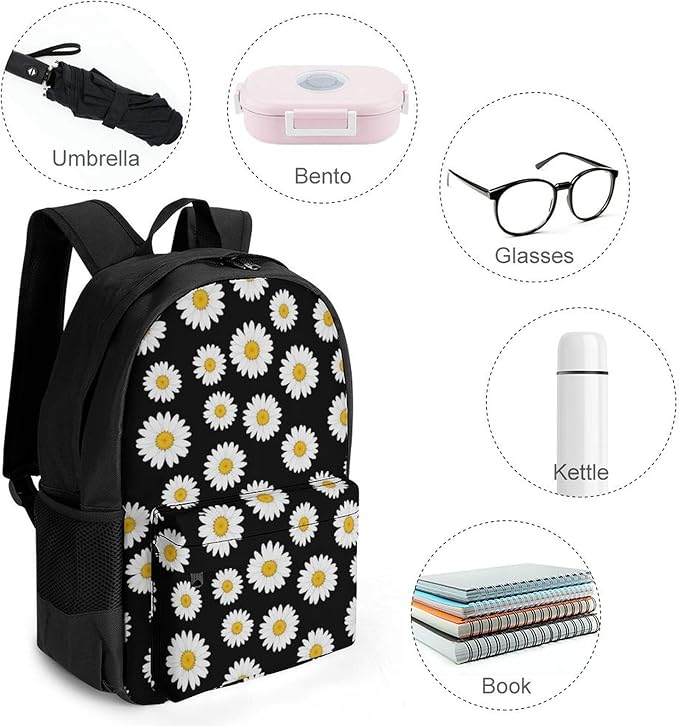 Adults Lightweight Floral Chamomile Or Daisy Flowers Black Rucksacks Large Capacity Bookbag With Adjustable Shoulder Straps for Trekking Outdoors Bicycle
