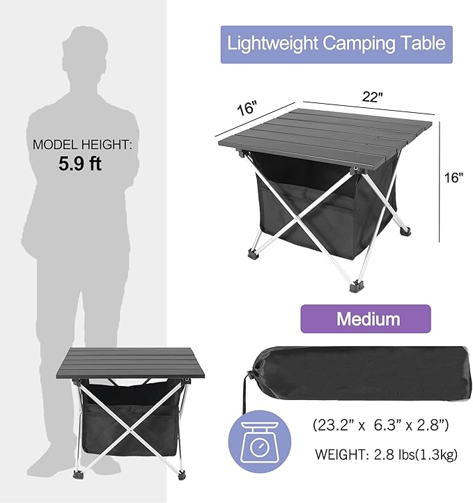 Grope Portable Camping Table Ultralight Aluminum Camp Table with Storage Bag,Beach Table for Sand with Carrying Bag,Prefect for Outdoor,Picnic,BBQ,Cooking,Festival (Black with Storage Bag-M)