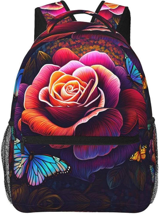 Men Women Polyester Trippy Tie Dye Rose Colorful Art Daypack Big Capacity Shoulder Bag With Adjustable Shoulder Straps for Camping Travel Walking Cycling
