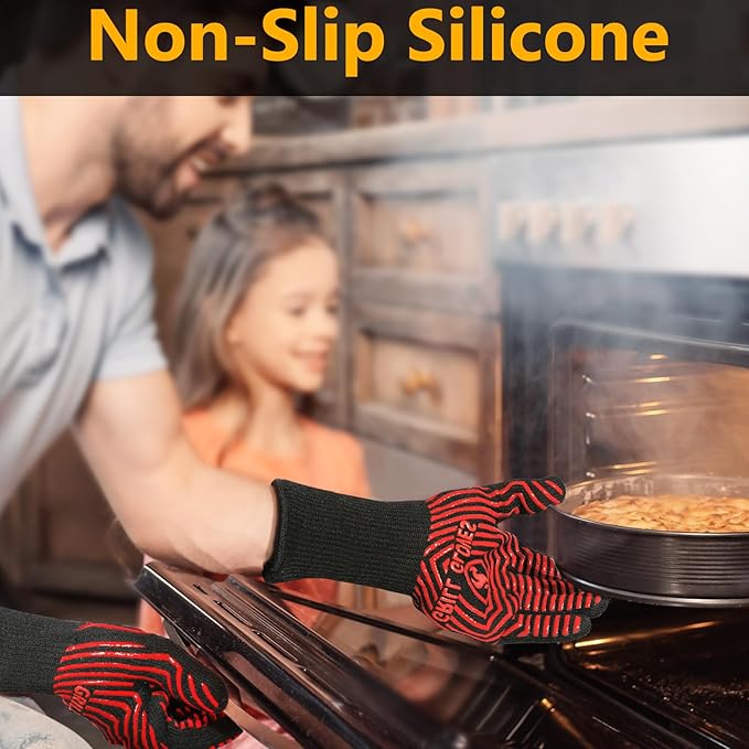 BBQ Gloves, BBQ Accessories 1472℉ Extreme Heat Resistant, Grilling Gloves Silicone Non-Slip Oven Mitts, Kitchen Gloves for BBQ, Grilling, Cooking, Baking-1 Pair 14inch