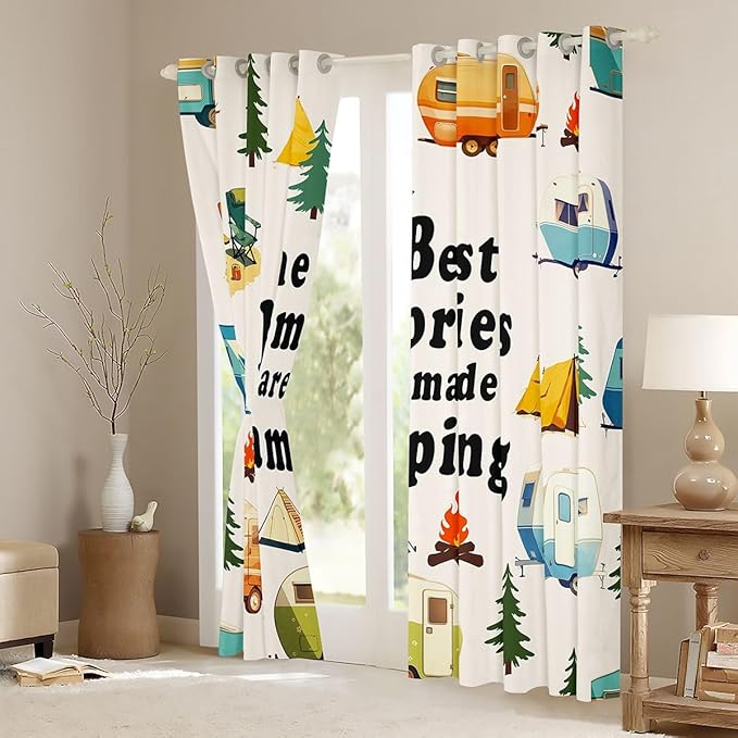 Cartoon Camper Window Drapes,RV Trailer Rustic Adventure Nursery Bedroom Playroom Decor,Tent Bonfire Campfire Pine Tree Nature Girls Boys Room Decor,Colorful 2 Panels,42Wx90L inch
