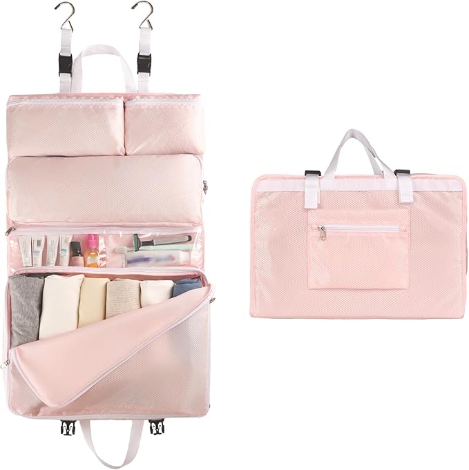 TABITORA Travel Clothes Organizer Portable Hanging Compression Packing Cubes Camp Organizer Travel Cases Suitcase Storage Large Capacity Carry On Closet (Pink)
