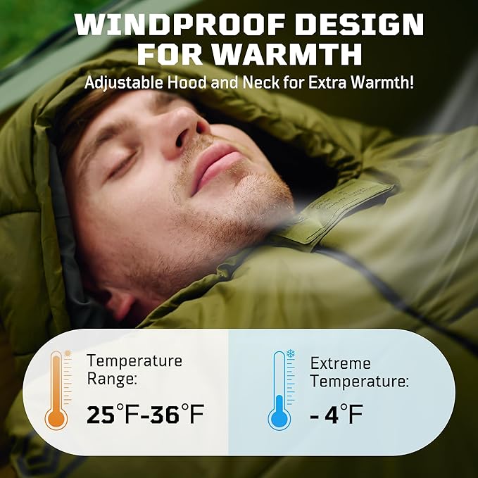 Sleeping Bag for Adults, Warm Weather Camping Mummy Sleeping Bags (25-36℉) with Adjustable Hood, Phone Pocket & Compression Sack for Hiking Travel Hunting